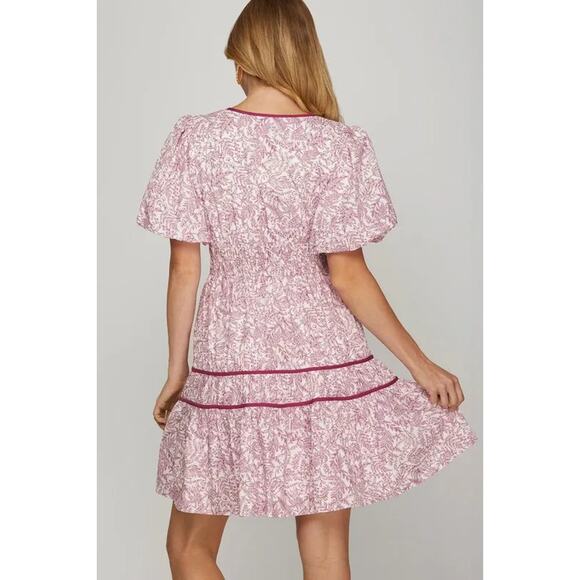 She + Sky Full Size Printed V-Neck Puff Sleeve Tiered Dress Plus Size - Picture 3 of 6